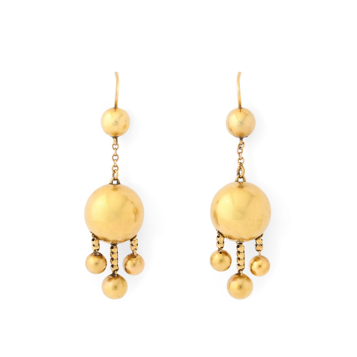 gold ball pendant earrings composed of one large gold ball suspending three smaller gold balls