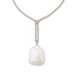 main view of diamond necklace suspending a large blister pearl pendant