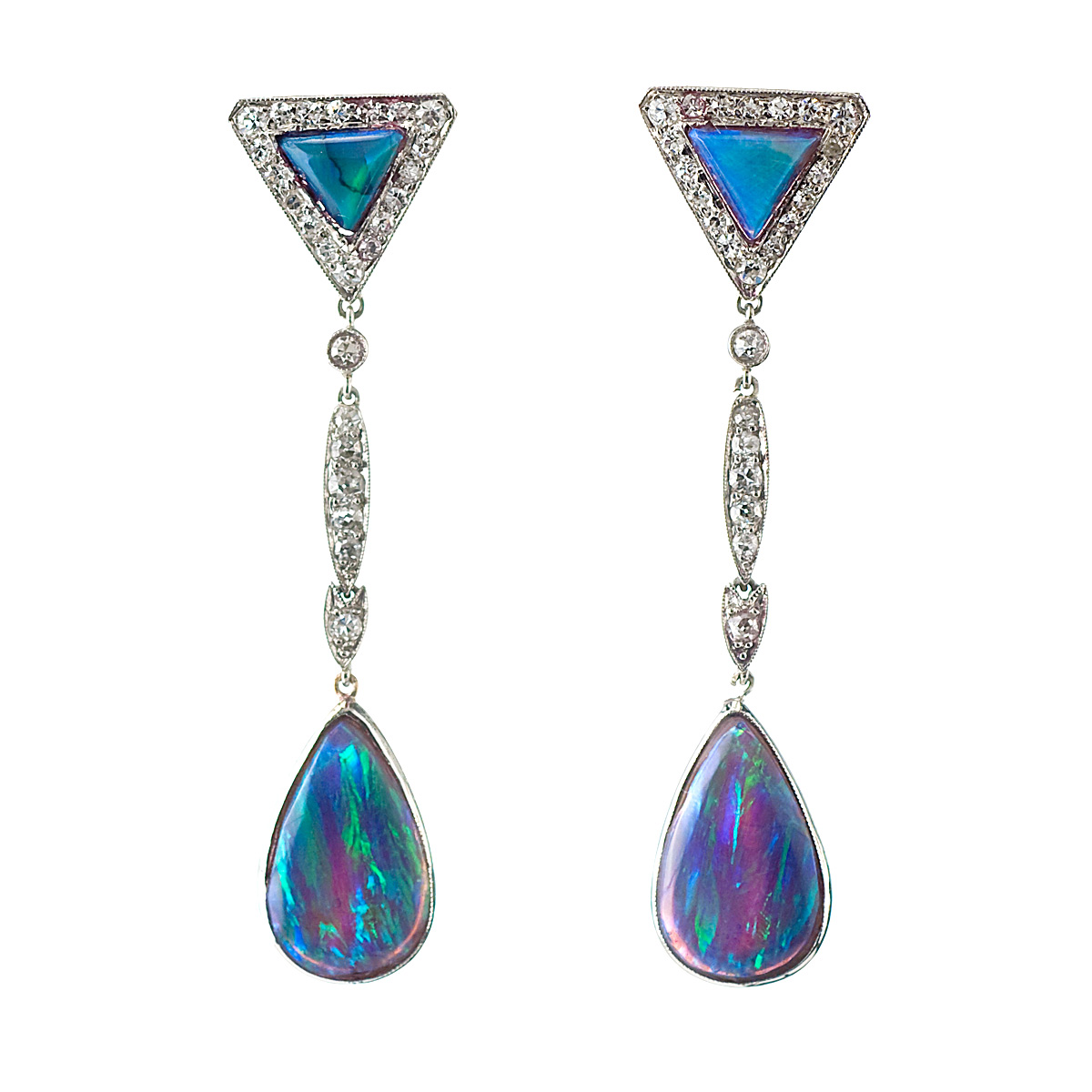 Stunning Vintage Black Opal & Diamond Drop Earrings 1950's
