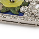hallmarks view of carved multicolor hardstone floral, enamel, and diamond brooch