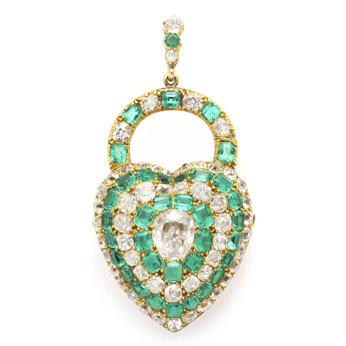 Victorian Emerald and Diamond Padlock Heart Locket Pendant
