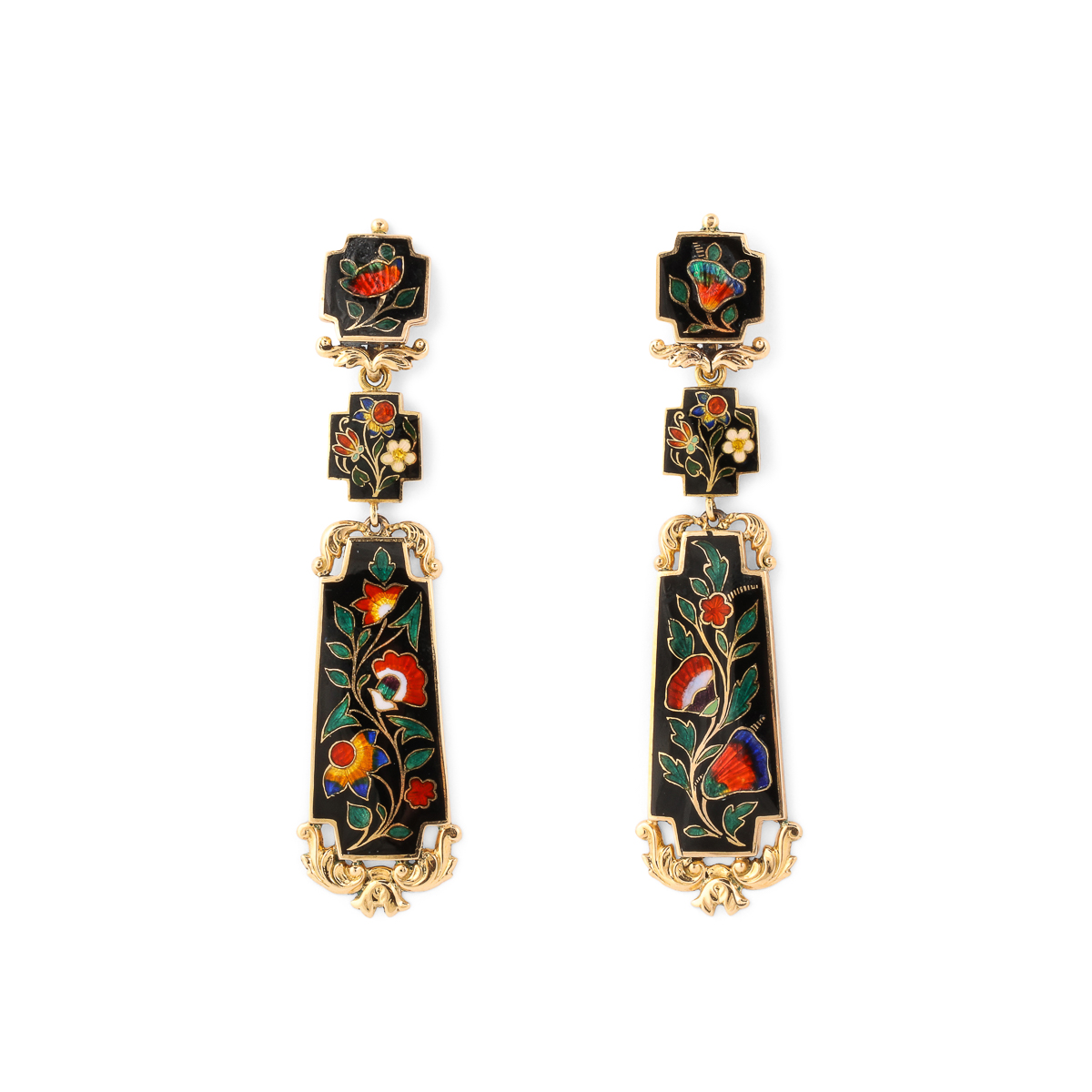 Gold earrings with enameled floral design