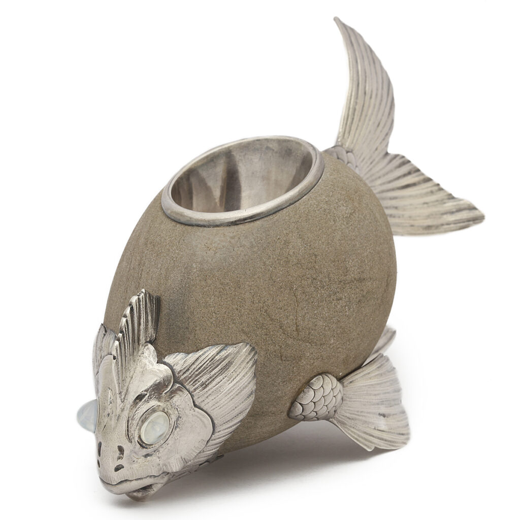 Faberge match holder in the form of a fish with sandstone body and silver head, fins, and tail with moonstone eyes