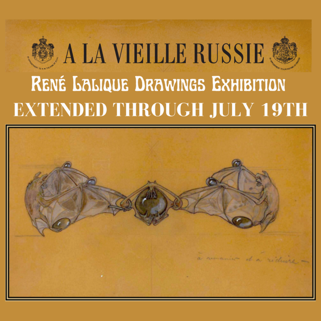 Lalique watercolor drawing of bat jewel, with "A La Vieille Russie" above and exhibition information below