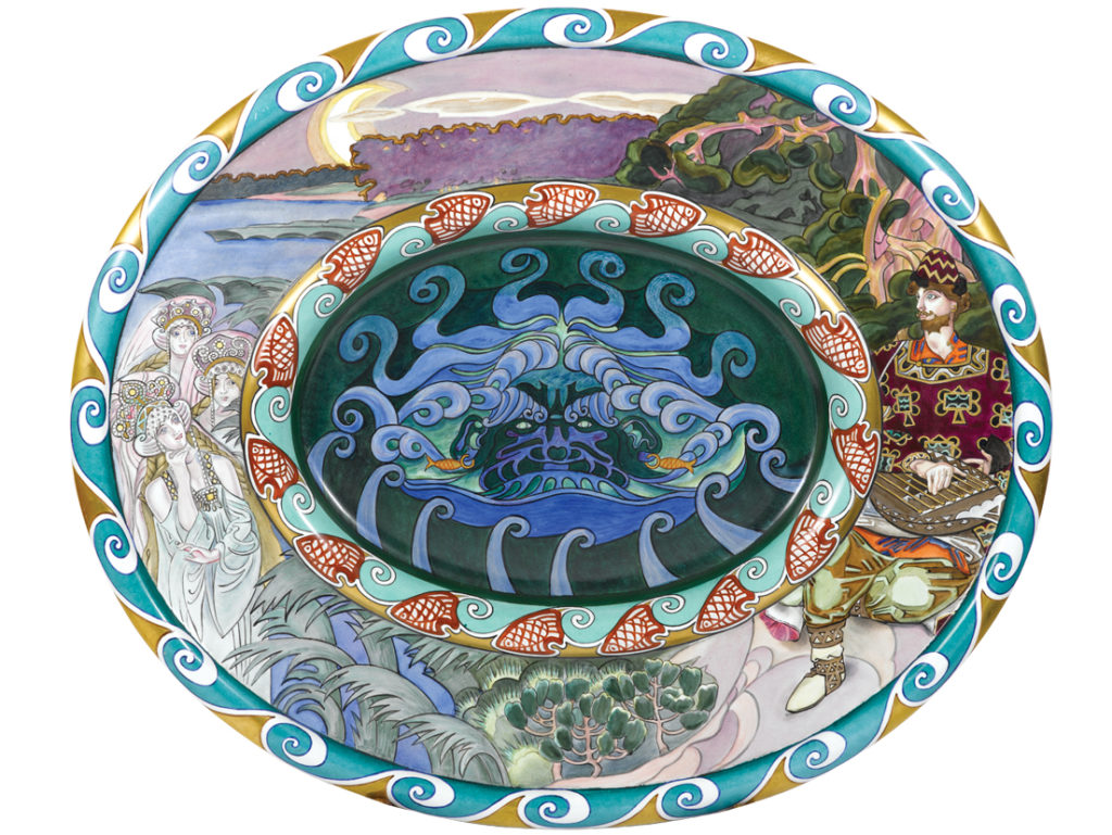 main view of ceramic charger depicting scenes from the legend of sadko