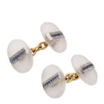 other view, oval frosted rock crystal, diamond, and sapphire cufflinks