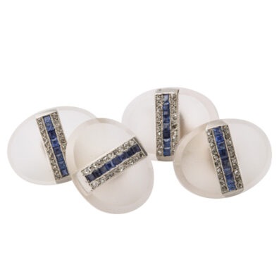 main view, oval frosted rock crystal, sapphire, and diamond cufflinks