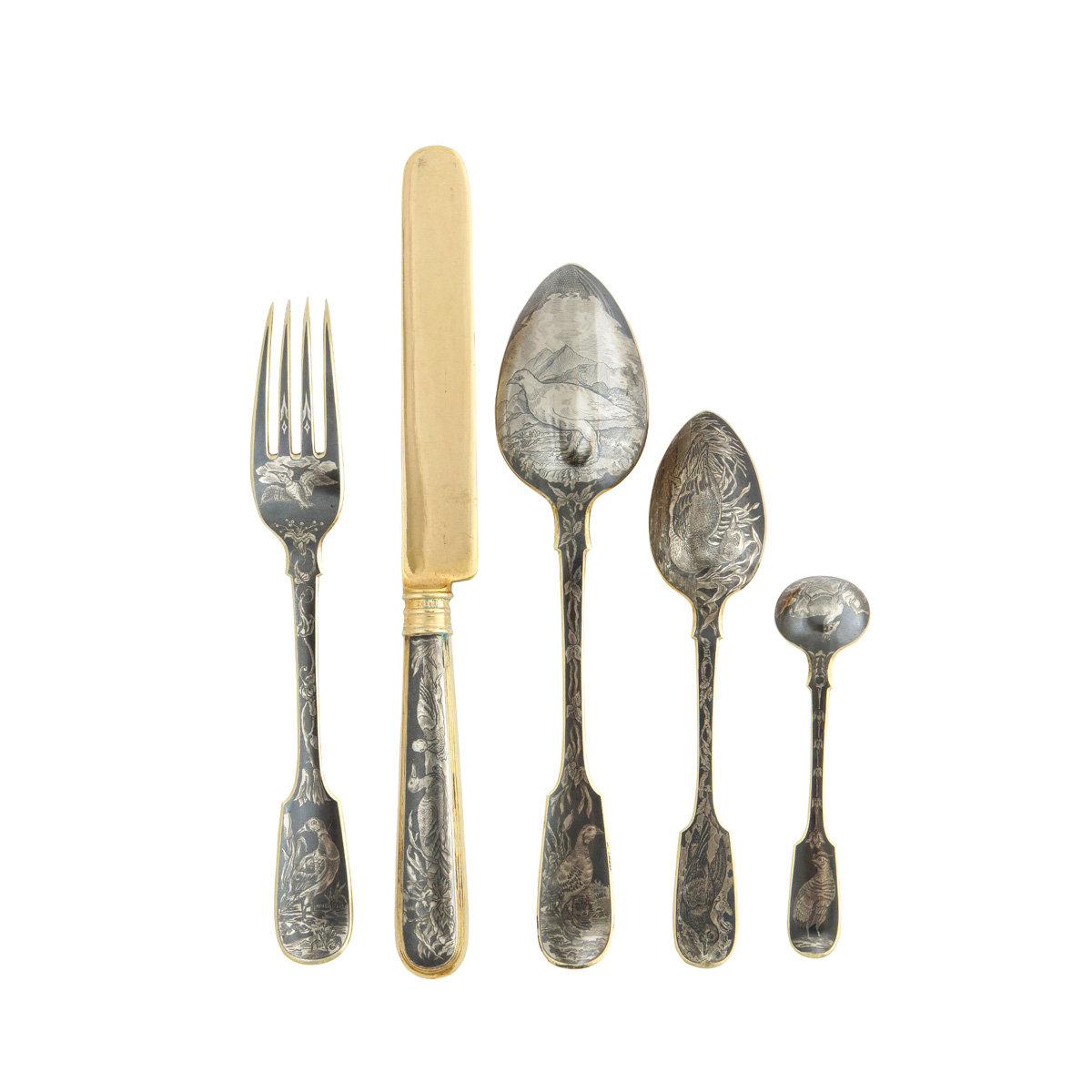 selection of cutlery from antique Russian niello dessert service